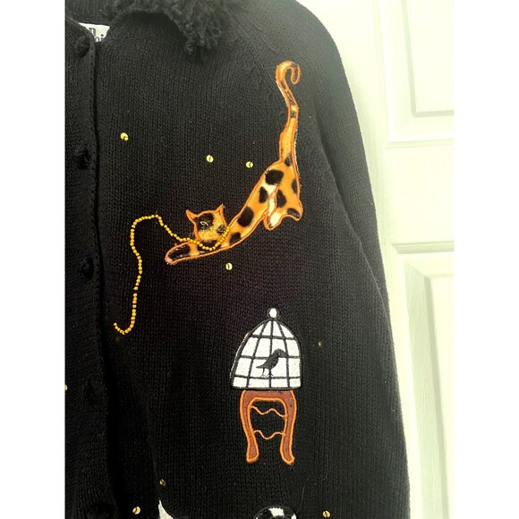 All Points Reference Black Applique Felt Cat Cardigan Sweater Collared Beaded M - Picture 6 of 7